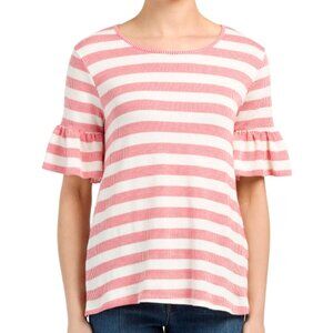 Pleione Striped Sweater Knit Top L Ruffled Elbow Sleeve Red Cream USA NWT